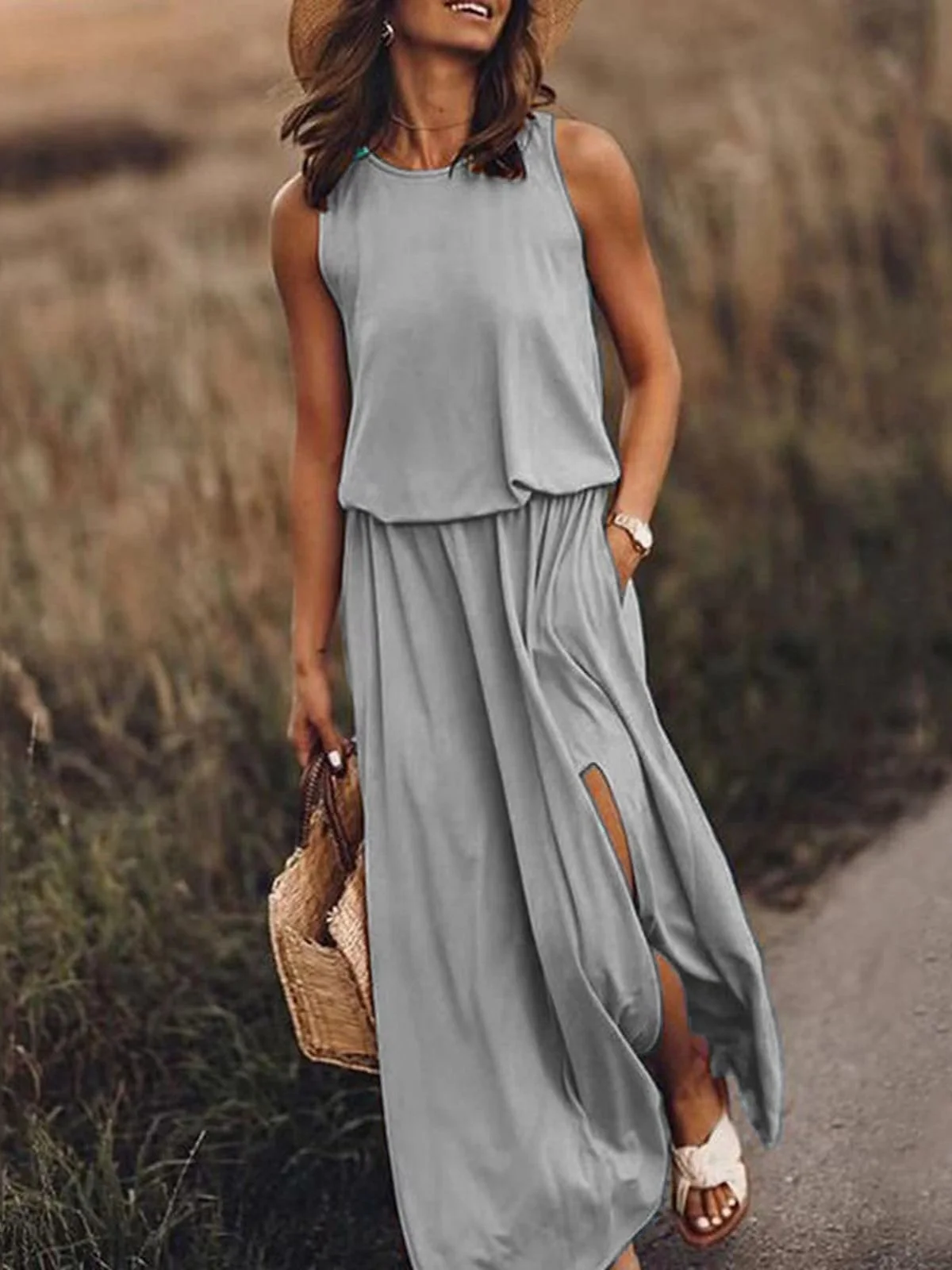 Femmes Plain Jaune Col Rond Confortable Joint Fendu Robe Maxi Rétro