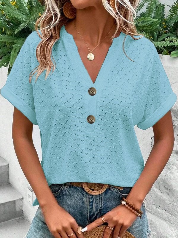 T-shirts Femmes Rue Plain Été Acrylique Col V Micro-élasticité Sortie Manches Courtes Régulier