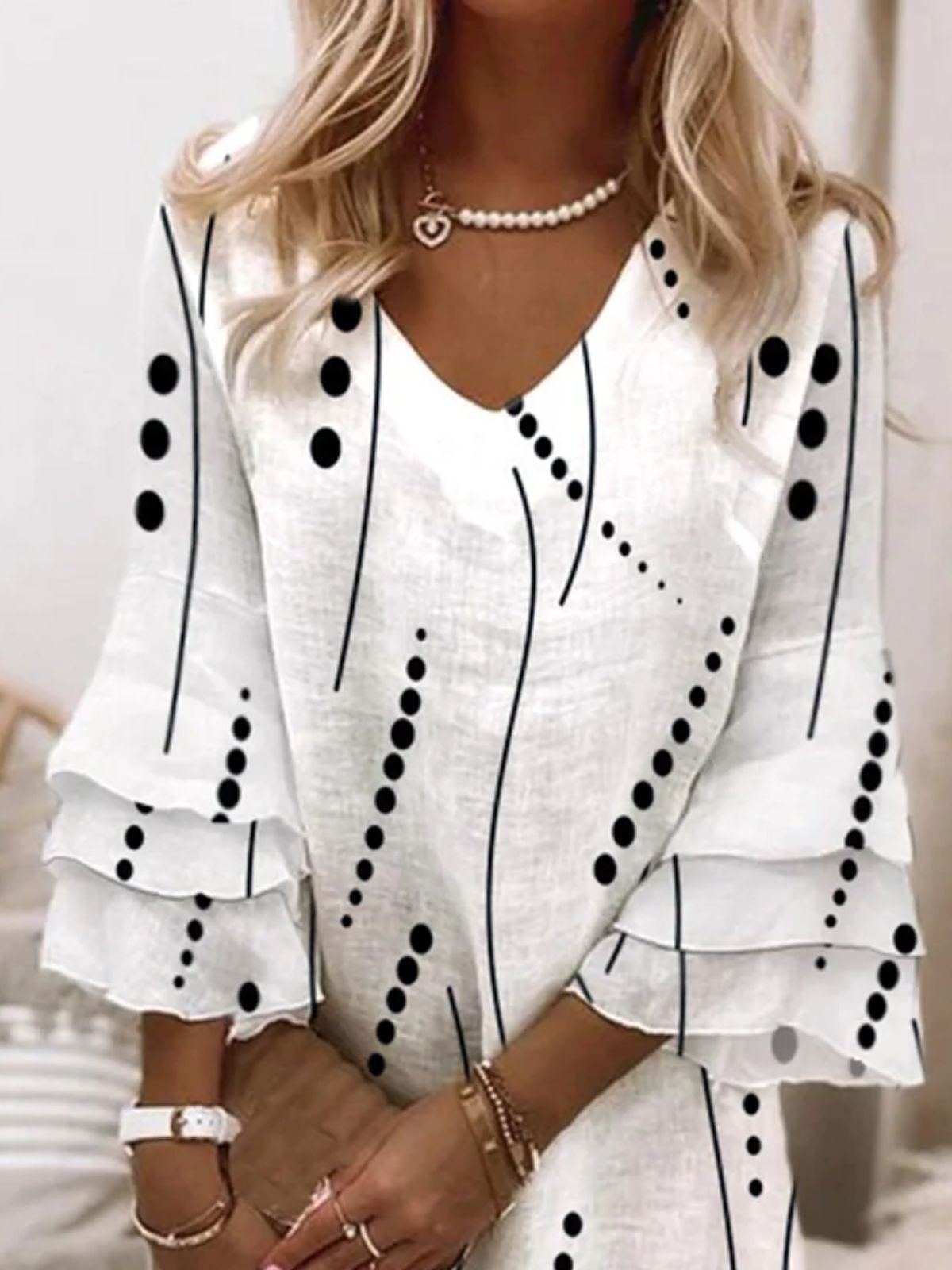 Femmes Géométrique Blanc Col V Confortable Robe Mi-Longue Décontracté