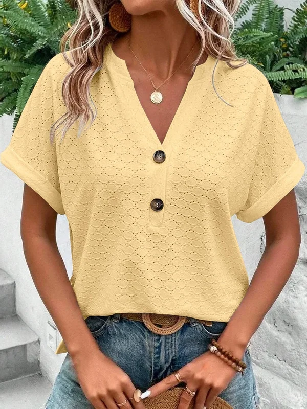 T-shirts Femmes Rue Plain Été Acrylique Col V Micro-élasticité Sortie Manches Courtes Régulier