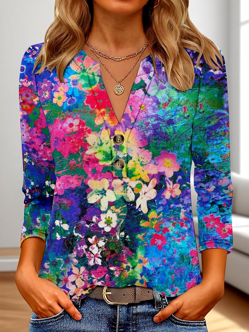 T-shirts Femmes Décontracté Floral Printemps / Automne Polyester Col V Quotidien Manches trois quarts Régulier Régulier