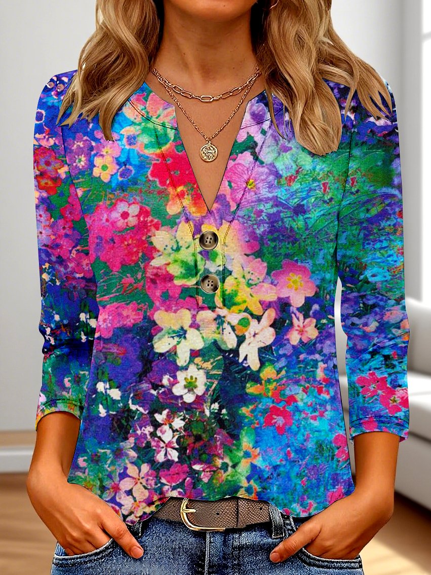 T-shirts Femmes Décontracté Floral Printemps / Automne Polyester Col V Quotidien Manches trois quarts Régulier Régulier
