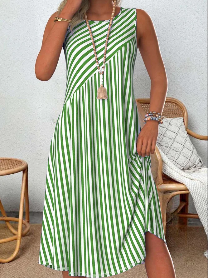 Femmes Rayé Bleu Col Rond Confortable Robe Mi-Longue Décontracté