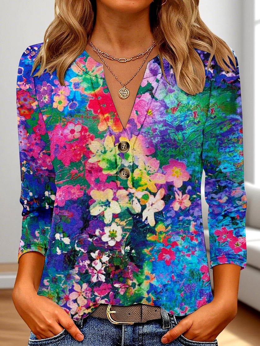 T-shirts Femmes Décontracté Floral Printemps / Automne Polyester Col V Quotidien Manches trois quarts Régulier Régulier