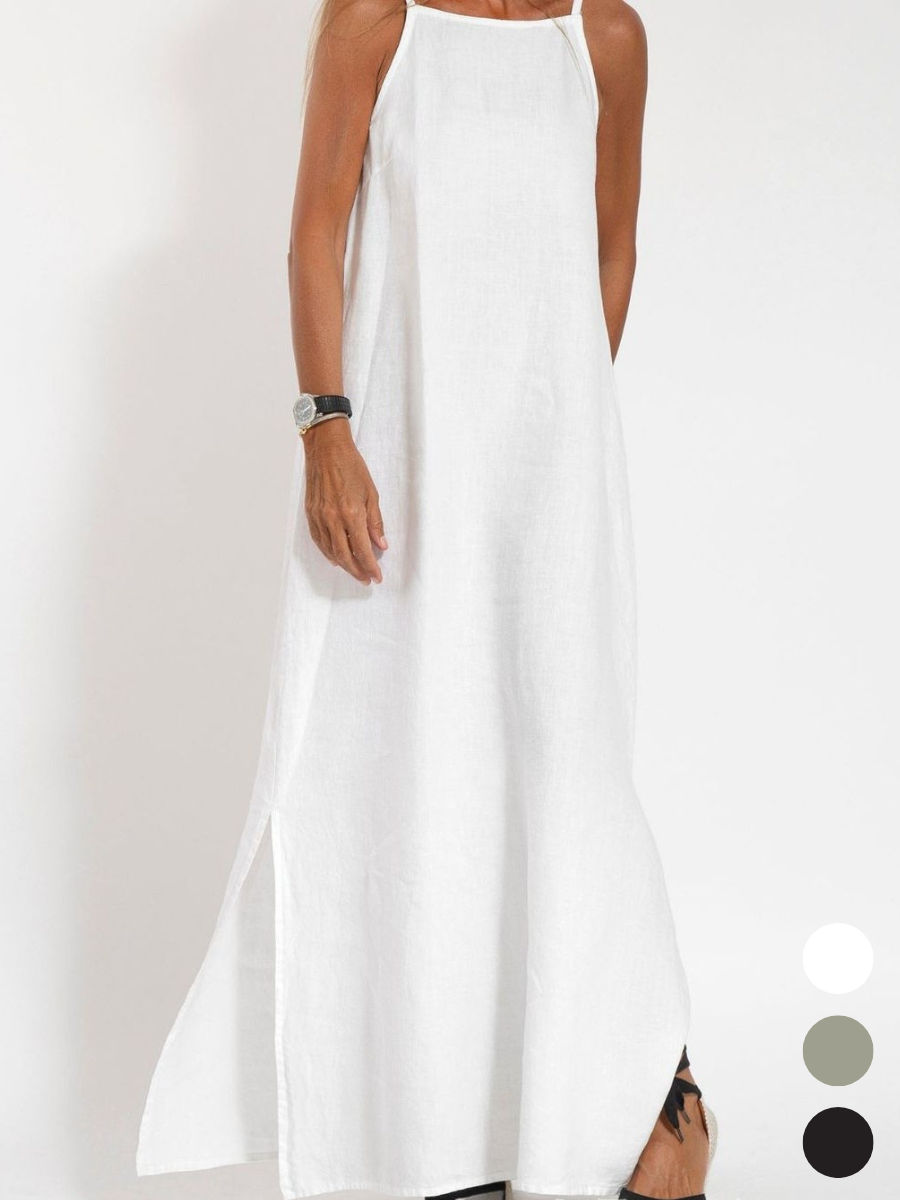 Femmes Plain Blanc Col Rond Confortable Joint Fendu Robe Maxi Rétro
