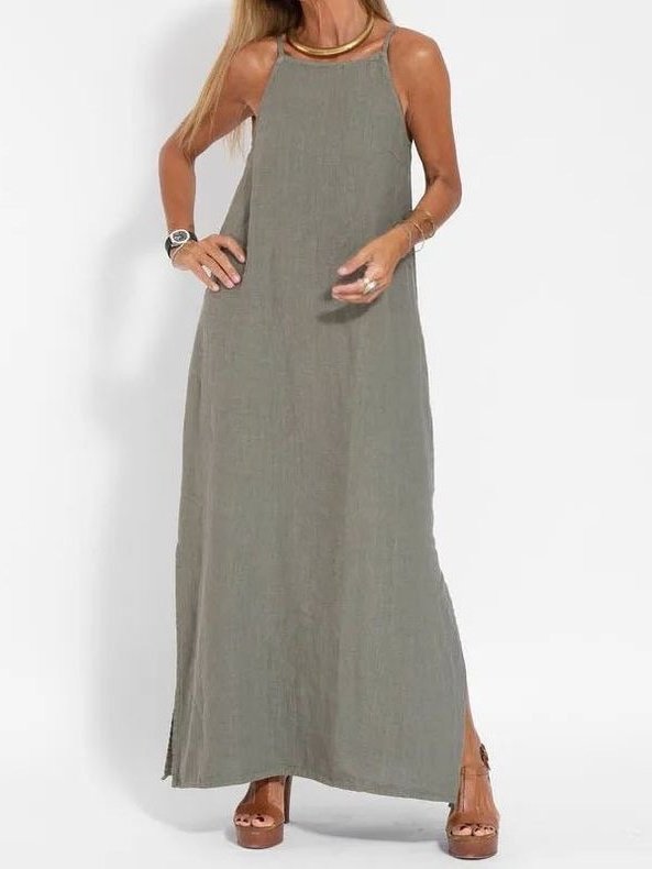 Femmes Plain Blanc Col Rond Confortable Joint Fendu Robe Maxi Rétro