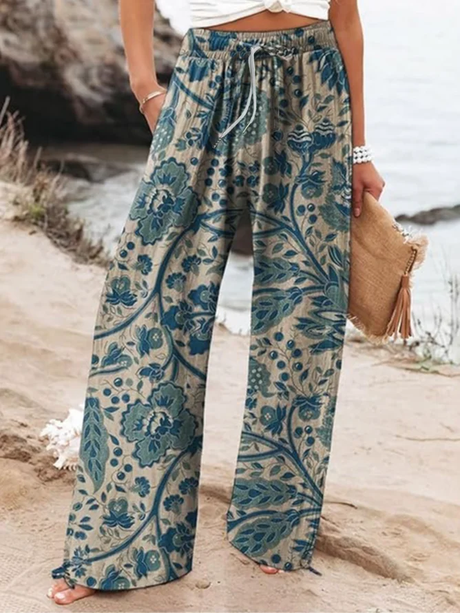 Pantalons Rétro Floral Printemps / Automne Polyester Naturel Micro-élasticité Plage Shorts Long Droit pour Femmes