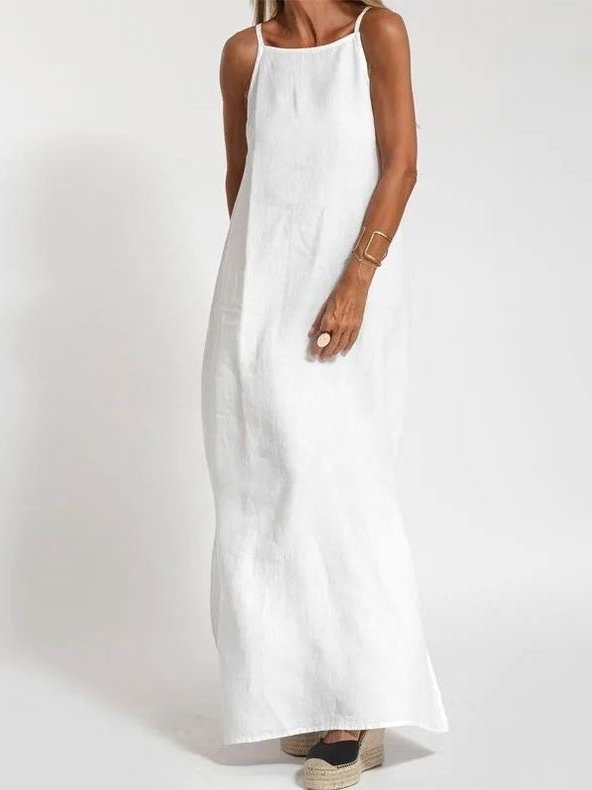 Femmes Plain Blanc Col Rond Confortable Joint Fendu Robe Maxi Rétro