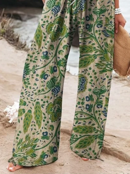 Pantalons Rétro Floral Printemps / Automne Polyester Naturel Micro-élasticité Plage Shorts Long Droit pour Femmes
