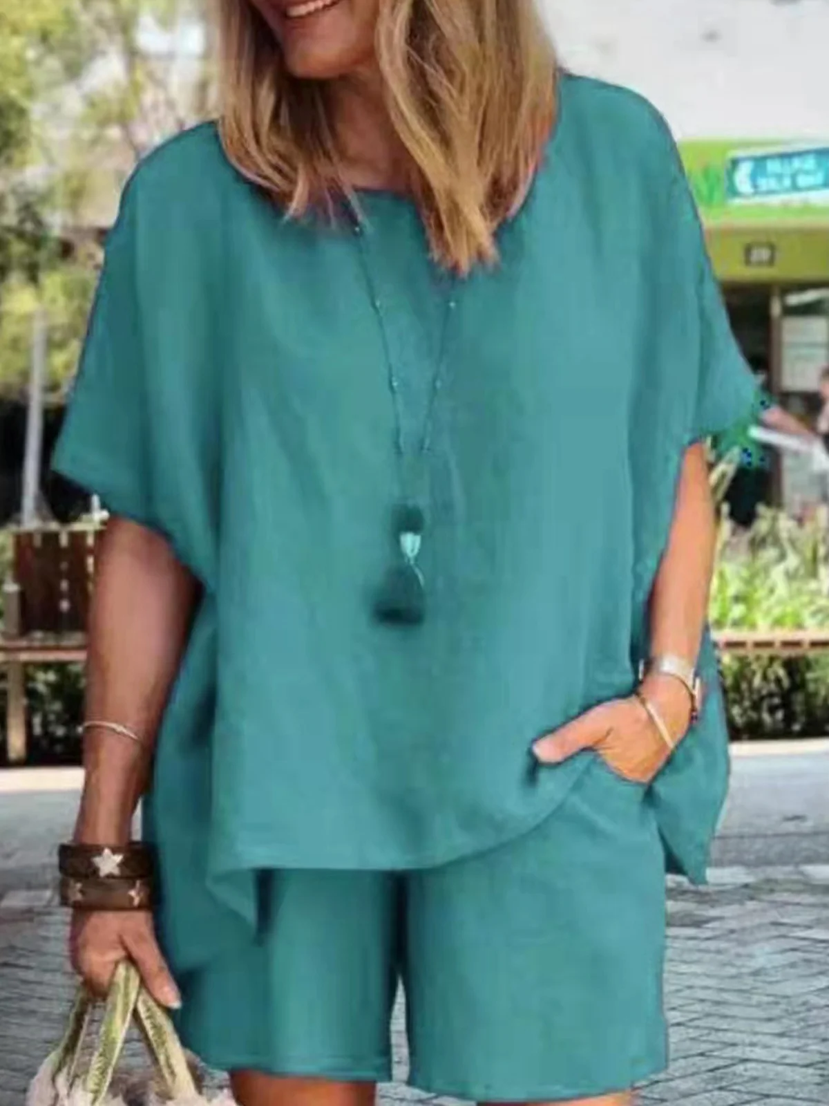 Deux Pièces Ensembles Femmes Décontracté Plain Été Polyester Aucune élasticité Quotidien Taille Moyenne Col Rond Ensembles courts