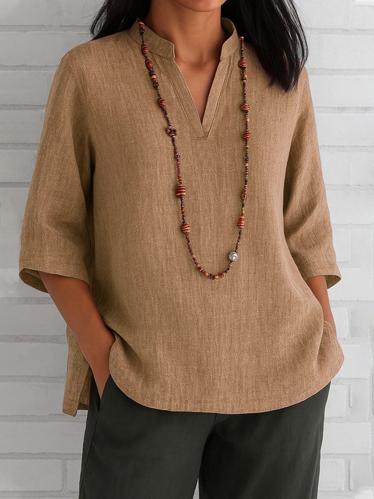 Blouses Femmes Décontracté Plain Été Col V Ample Pull-over Demi Manche Régulier Droit