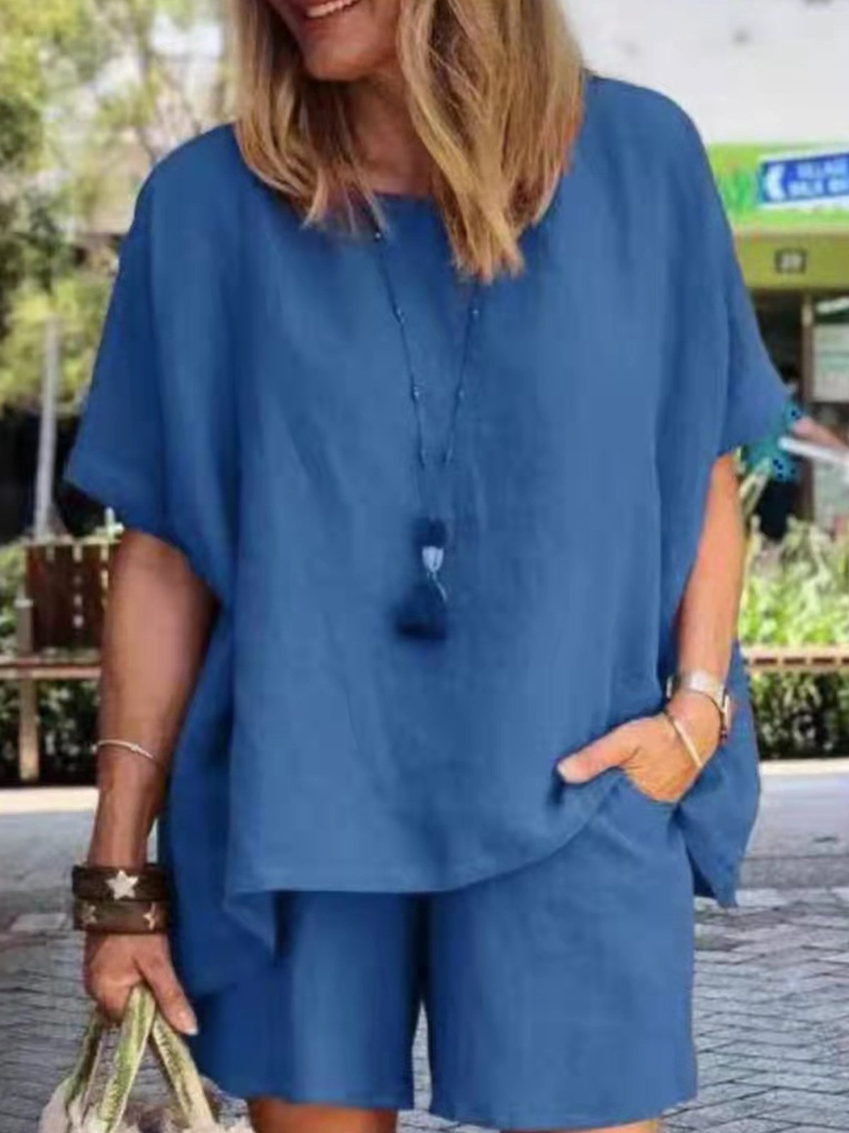 Deux Pièces Ensembles Femmes Décontracté Plain Été Polyester Aucune élasticité Quotidien Taille Moyenne Col Rond Ensembles courts