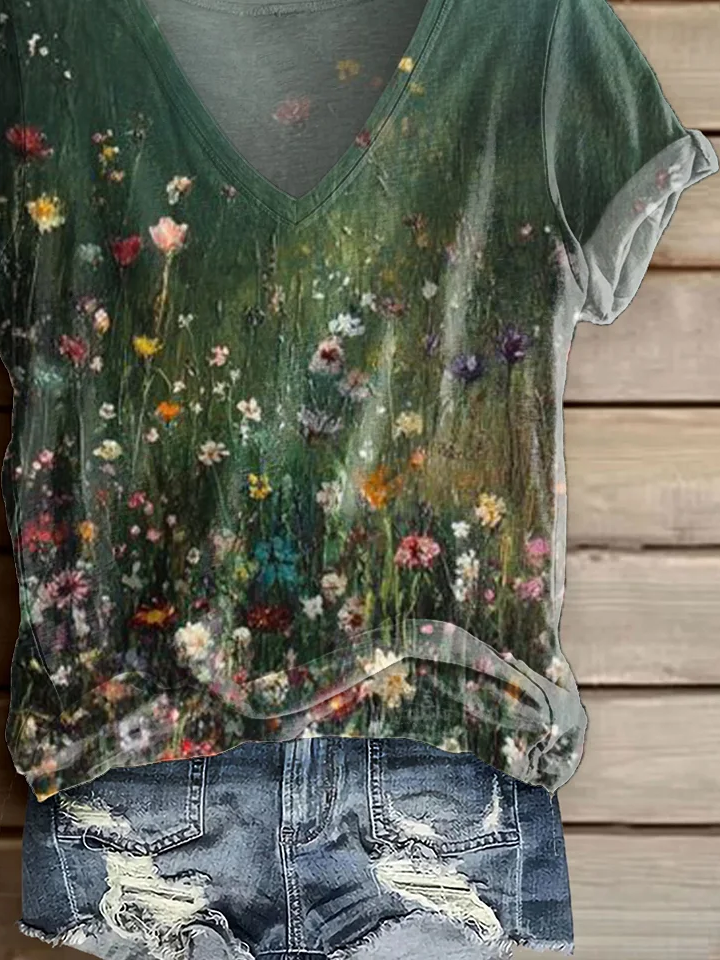 T-shirts Décontracté Floral Été Imprimé Micro-élasticité Quotidien Régulier Droit Régulier pour Femmes