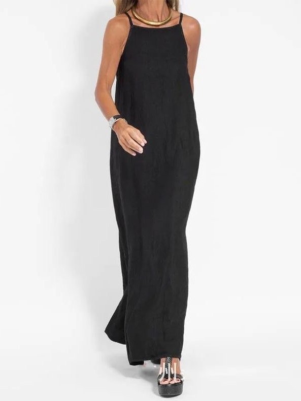 Femmes Plain Blanc Col Rond Confortable Joint Fendu Robe Maxi Rétro