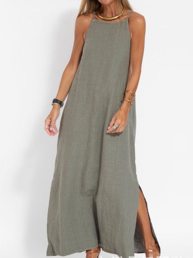 Femmes Plain Blanc Col Rond Confortable Joint Fendu Robe Maxi Rétro