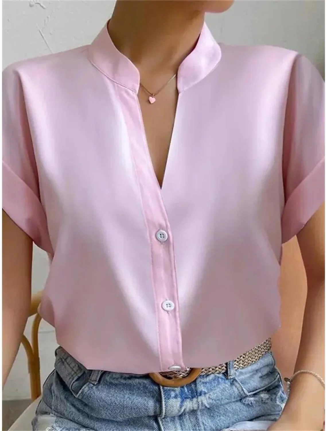 Chemises Femmes Simple Plain Été Polyester Col V Aucune élasticité Quotidien Manches Courtes Régulier