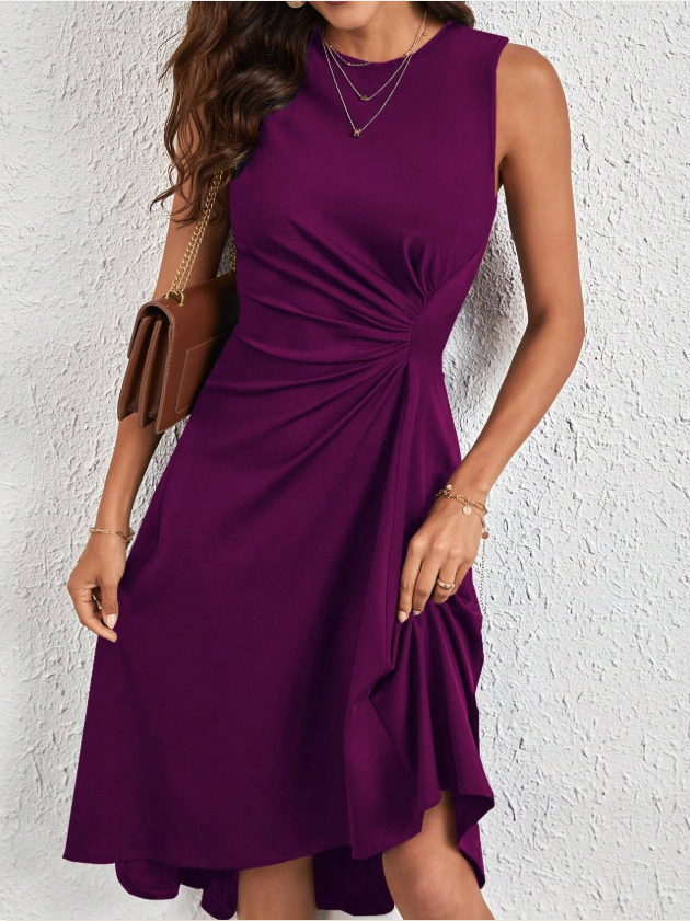 Femmes Plain Rouge Col Rond Confortable Joint Fendu Robe Mi-Longue Rétro