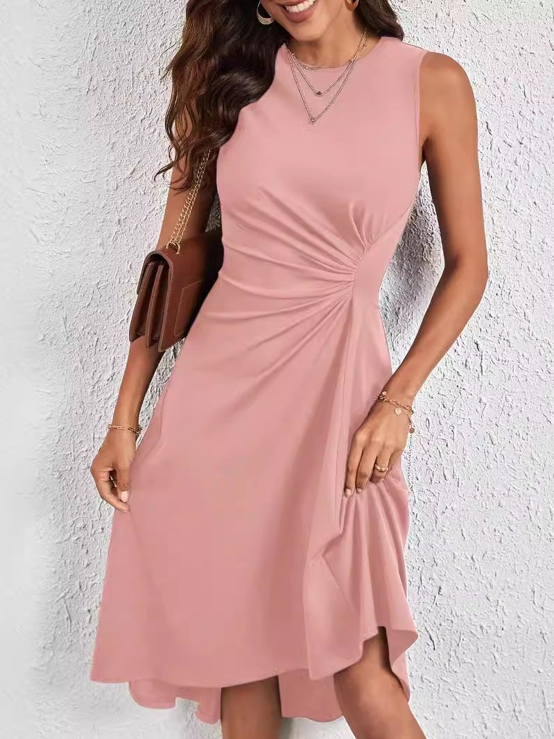 Femmes Plain Rouge Col Rond Confortable Joint Fendu Robe Mi-Longue Rétro