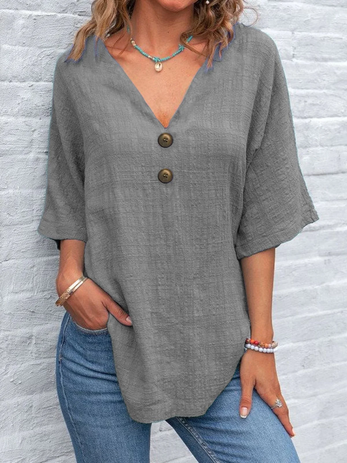 Blouses Simple Plain Été en Lin Col V Demi Manche Régulier Trapèze Régulier pour Femmes