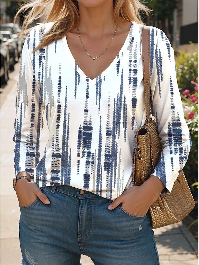 T-shirts Géométrique Décontracté Printemps / Automne Col V Aucune élasticité Coupe Régulière Manches Longues Régulier Régulier pour Femmes