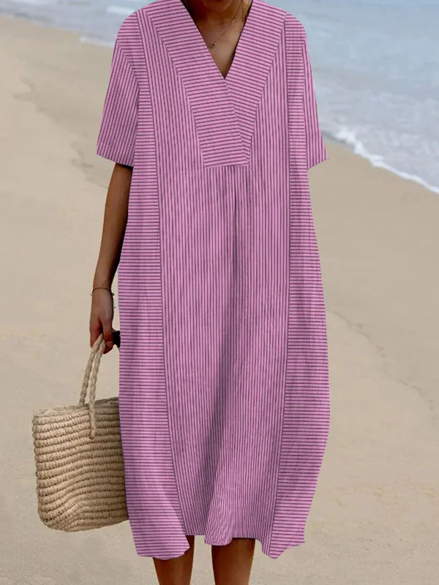 Femmes Rayé Kaki Col Rond Confortable Robe Maxi Décontracté