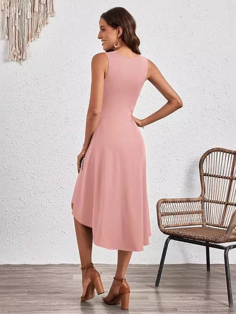 Femmes Plain Rouge Col Rond Confortable Joint Fendu Robe Mi-Longue Rétro
