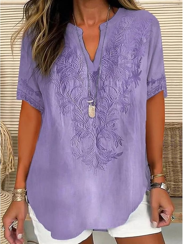 Blouses Simple Été impression en 3D Coton Aucune élasticité Demi Manche Col Châle Régulier Régulier pour Femmes