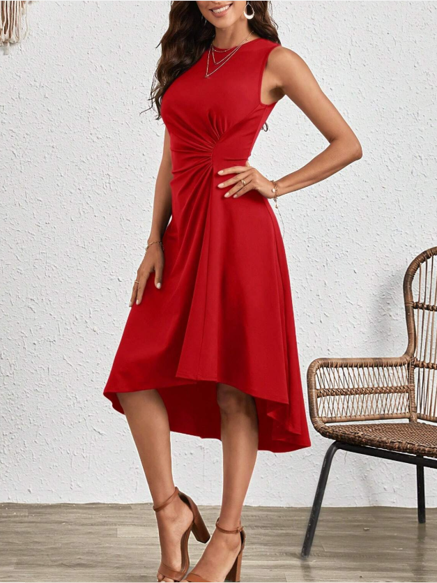 Femmes Plain Rouge Col Rond Confortable Joint Fendu Robe Mi-Longue Rétro