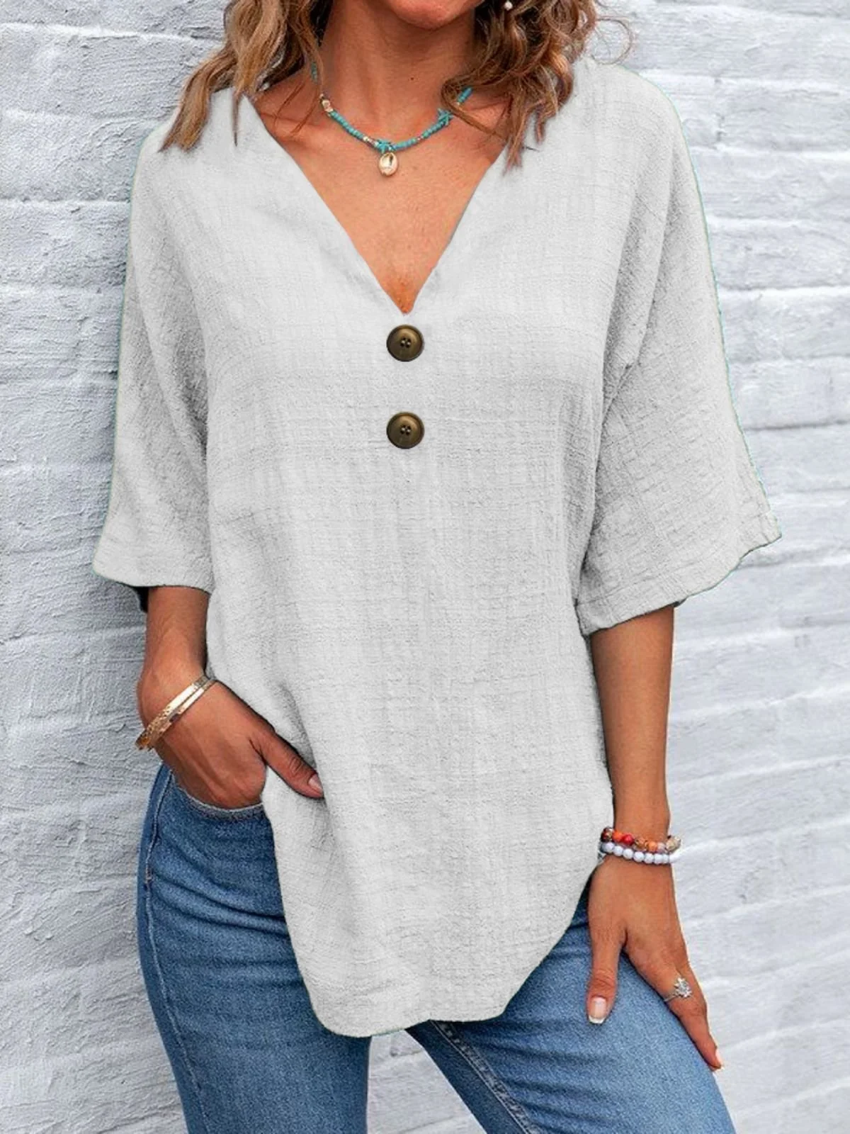 Blouses Simple Plain Été en Lin Col V Demi Manche Régulier Trapèze Régulier pour Femmes
