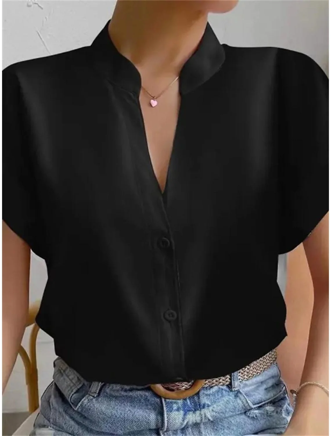Chemises Femmes Simple Plain Été Polyester Col V Aucune élasticité Quotidien Manches Courtes Régulier
