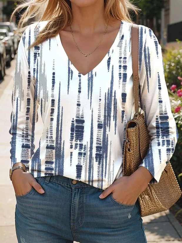 T-shirts Géométrique Décontracté Printemps / Automne Col V Aucune élasticité Coupe Régulière Manches Longues Régulier Régulier pour Femmes