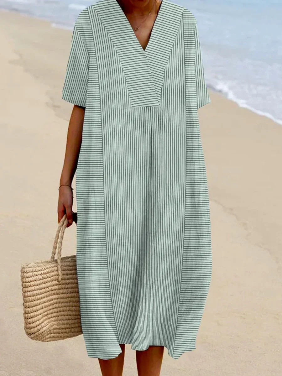 Femmes Rayé Kaki Col Rond Confortable Robe Maxi Décontracté