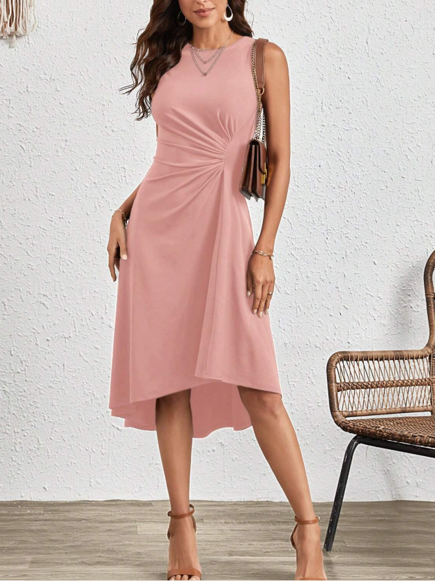 Femmes Plain Rouge Col Rond Confortable Joint Fendu Robe Mi-Longue Rétro
