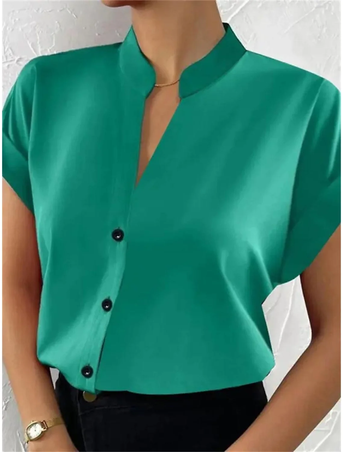 Chemises Femmes Simple Plain Été Polyester Col V Aucune élasticité Quotidien Manches Courtes Régulier