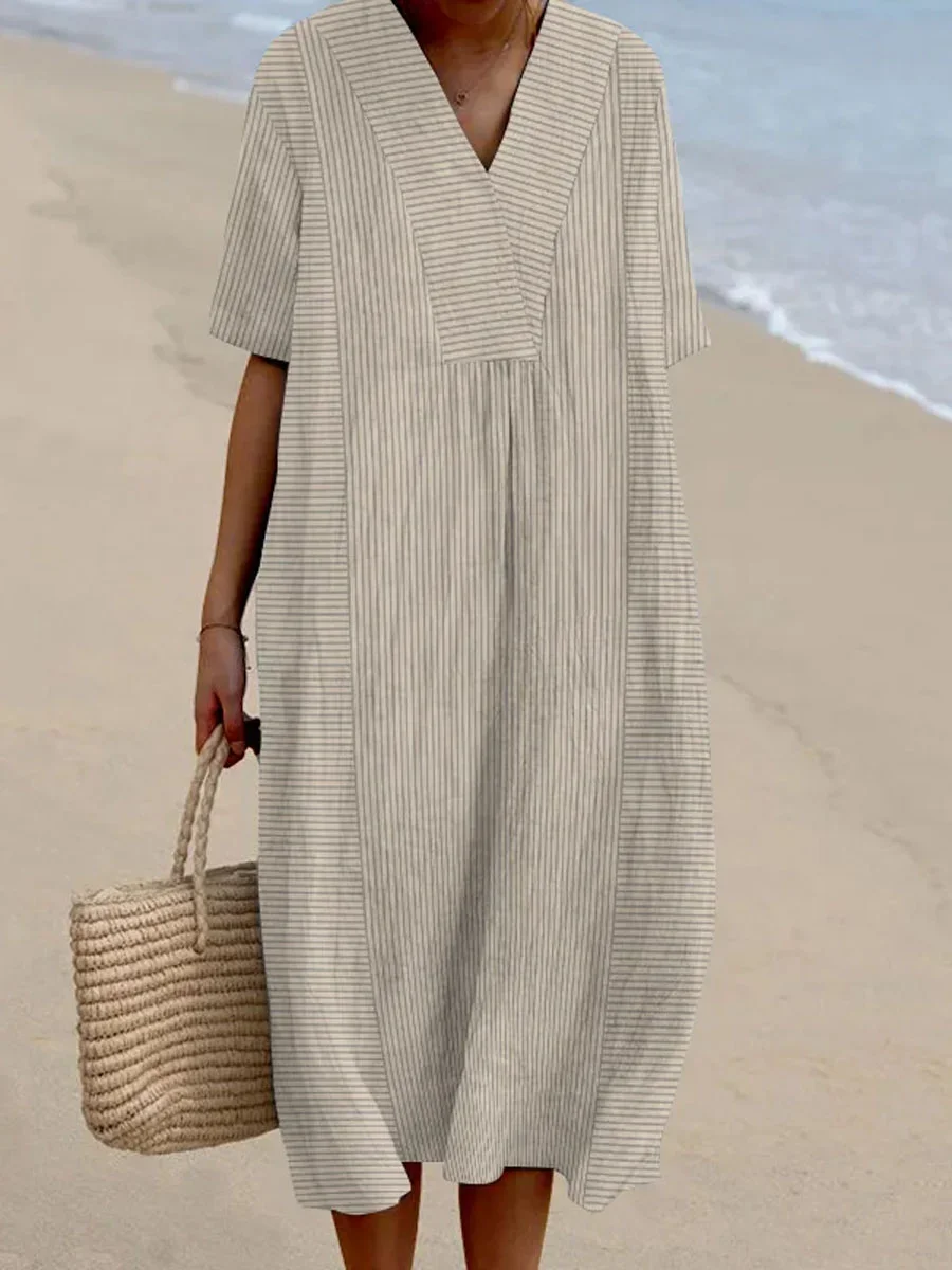 Femmes Rayé Kaki Col Rond Confortable Robe Maxi Décontracté