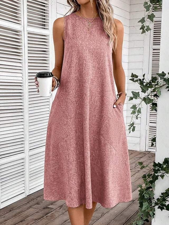 Femmes Plain Rose Col Rond Confortable Robe Maxi Décontracté