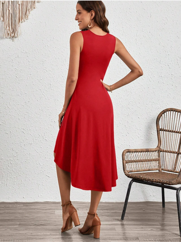 Femmes Plain Rouge Col Rond Confortable Joint Fendu Robe Mi-Longue Rétro