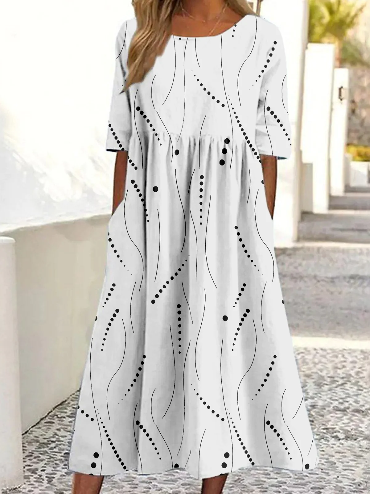 Femmes Abstrait Pois Polka Vert Col Rond Confortable Robe Maxi Décontracté