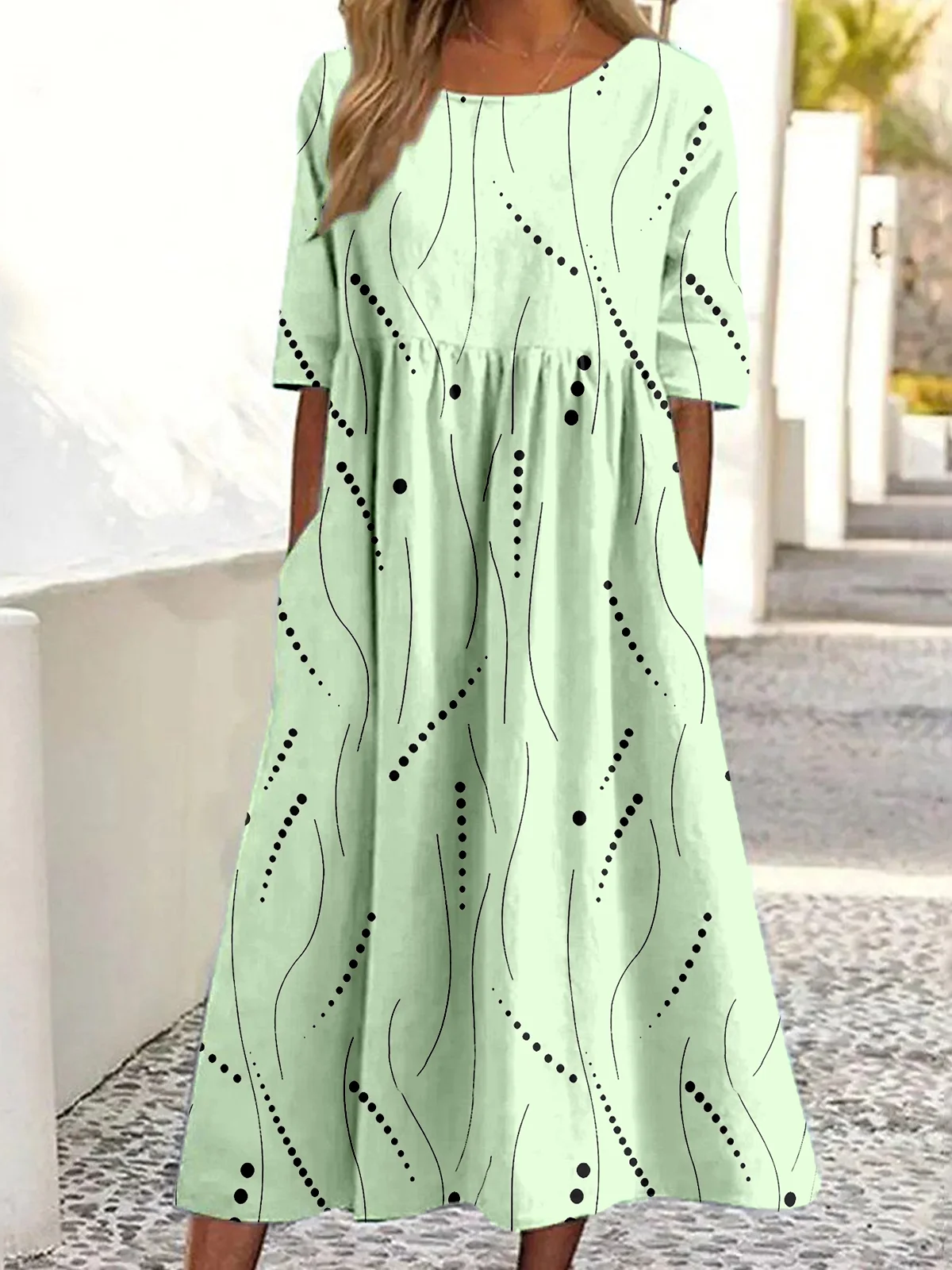 Femmes Abstrait Pois Polka Vert Col Rond Confortable Robe Maxi Décontracté