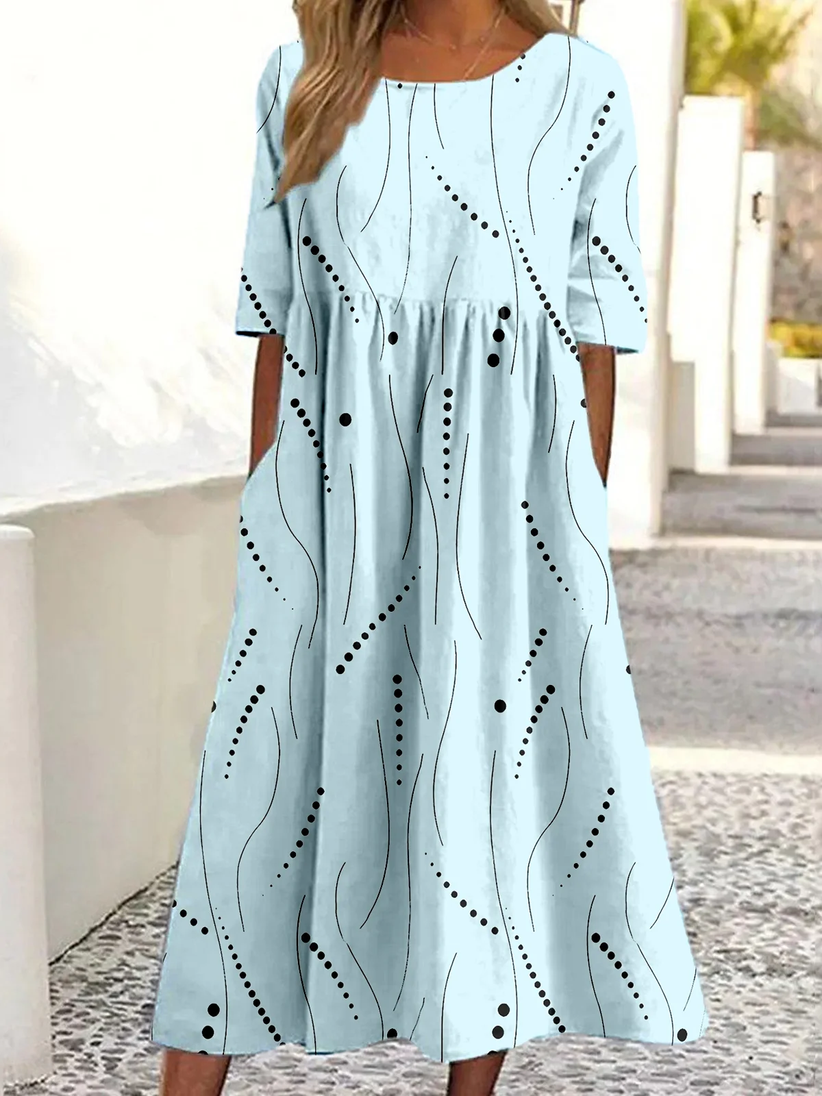 Femmes Abstrait Pois Polka Vert Col Rond Confortable Robe Maxi Décontracté
