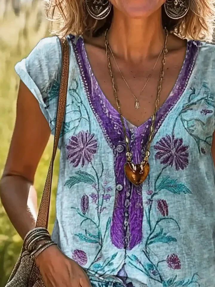 T-shirts Décontracté Floral Été Polyester Imprimé Micro-élasticité Manches Courtes Droit Régulier pour Femmes