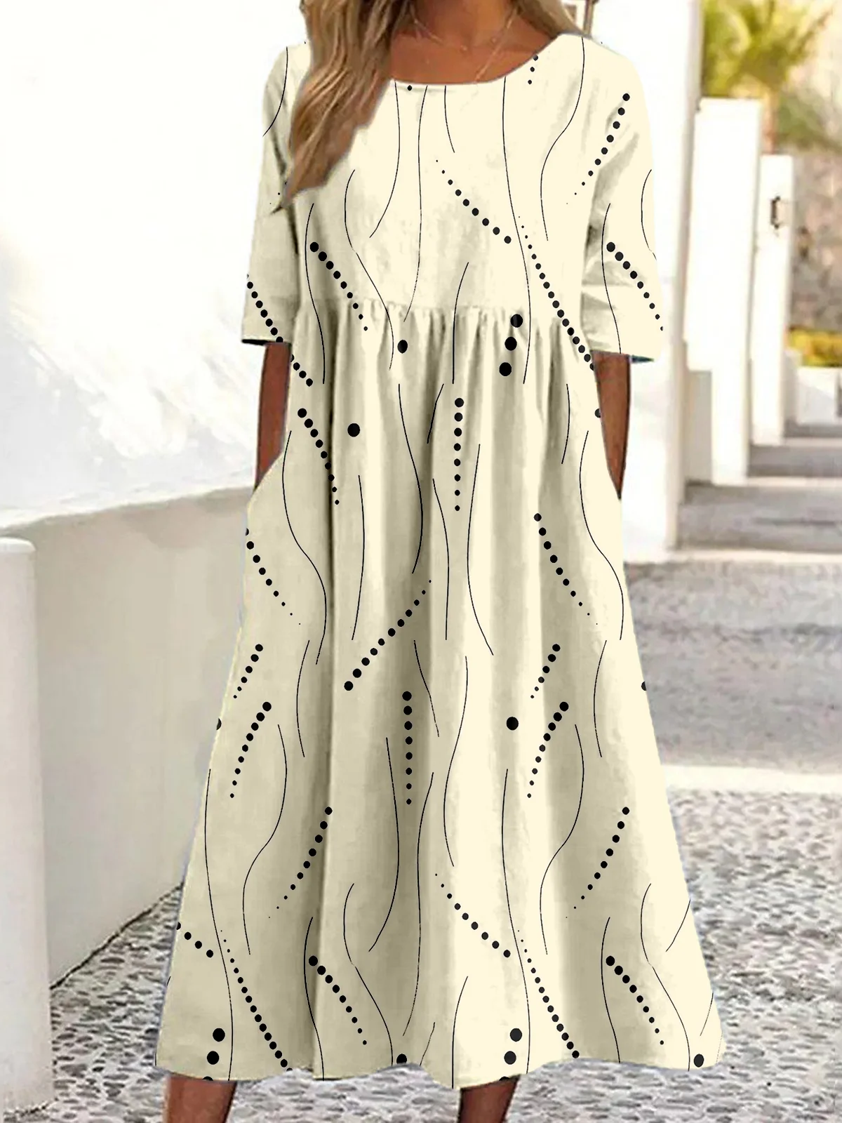 Femmes Abstrait Pois Polka Vert Col Rond Confortable Robe Maxi Décontracté