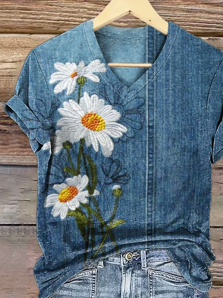 T-shirts Décontracté Floral Été Col V Micro-élasticité Quotidien Coupe Régulière Manches Courtes Régulier pour Femmes