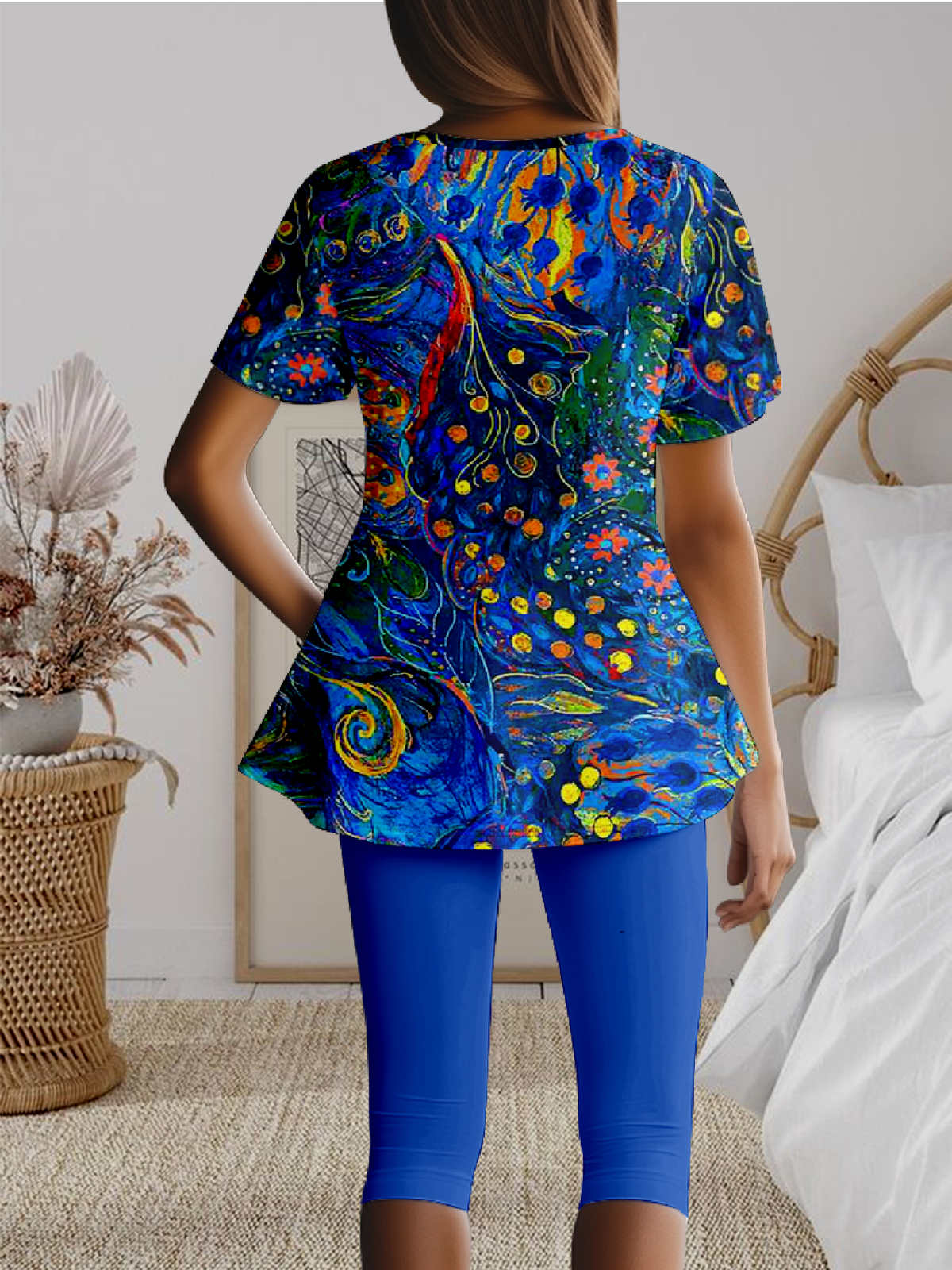 Deux Pièces Ensembles Simple Floral Été Polyester Micro-élasticité Quotidien Manches Courtes Col Rond Régulier pour Femmes