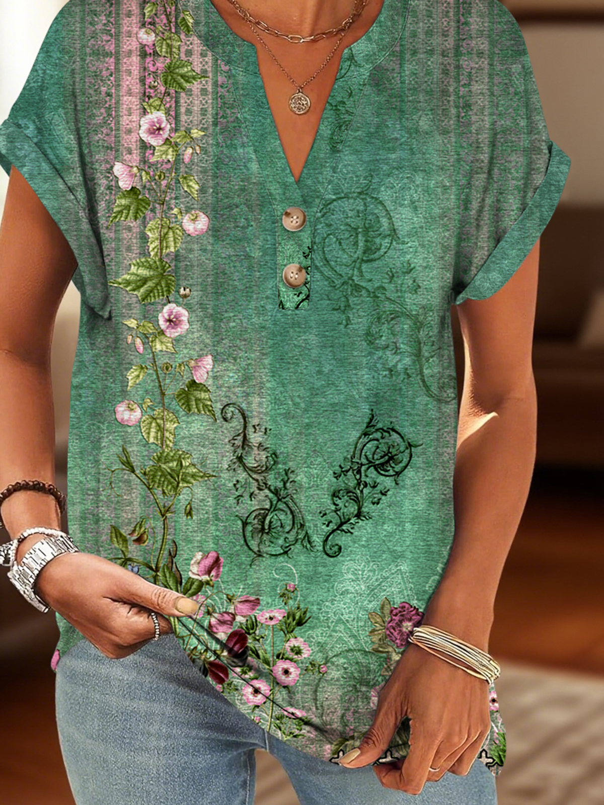 T-shirts Femmes Décontracté Floral Été Polyester Col V Micro-élasticité Coupe Régulière Régulier Trapèze