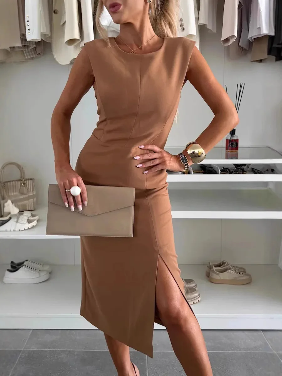 Femmes Plain Rouge Col Rond Confortable Joint Fendu Robe Mi-Longue Décontracté