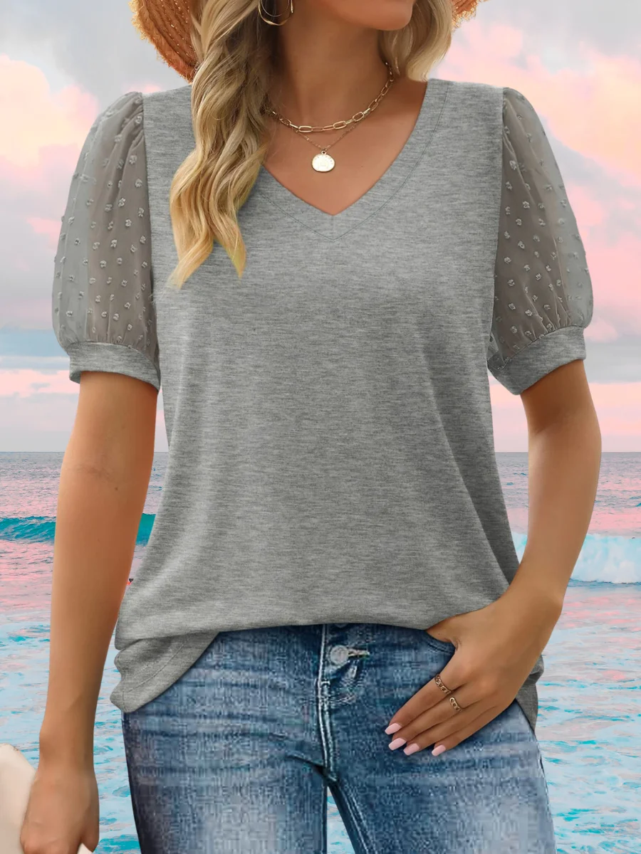 T-shirts Pois Polka Urbain Été Polyester Col V Jacquard Faire la navette Coupe Régulière Manches Bouffantes pour Femmes