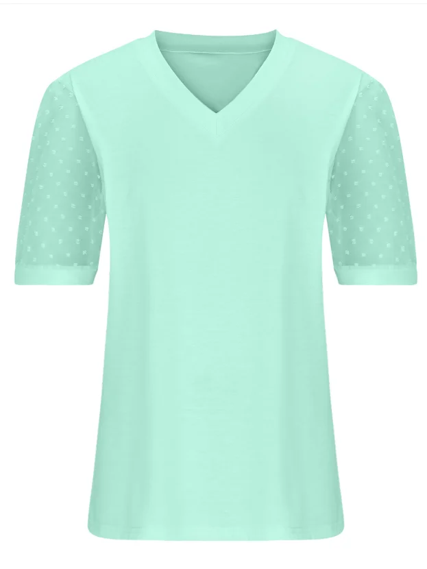 T-shirts Pois Polka Urbain Été Polyester Col V Jacquard Faire la navette Coupe Régulière Manches Bouffantes pour Femmes