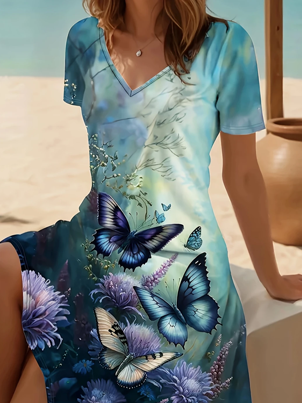Femmes Floral Cyan Col V Confortable Imprimé Robe Mi-Longue Décontracté
