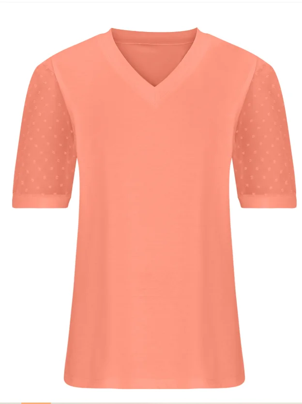 T-shirts Pois Polka Urbain Été Polyester Col V Jacquard Faire la navette Coupe Régulière Manches Bouffantes pour Femmes